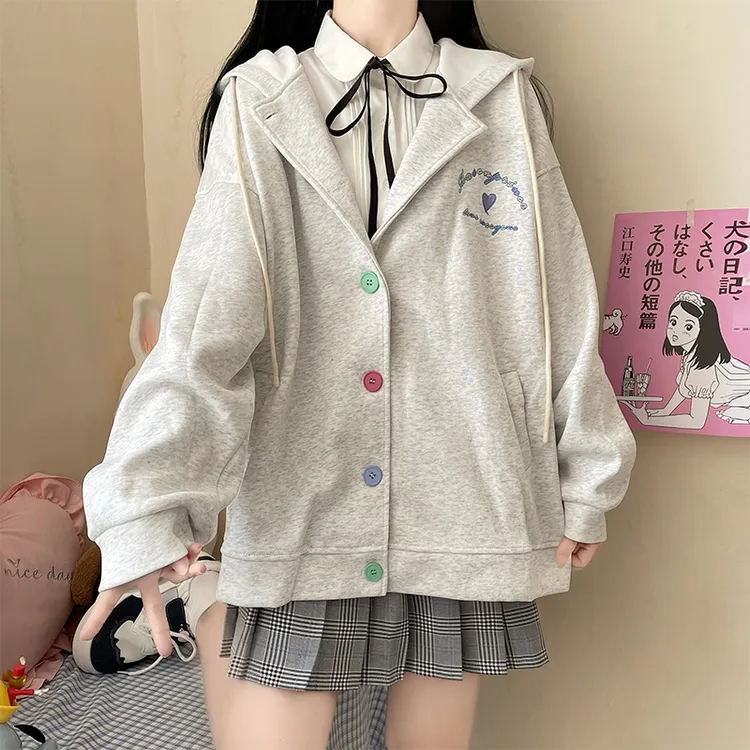 糖果色森系连帽卫衣少女春秋季学院风初高中学生甜美刺绣清新外套