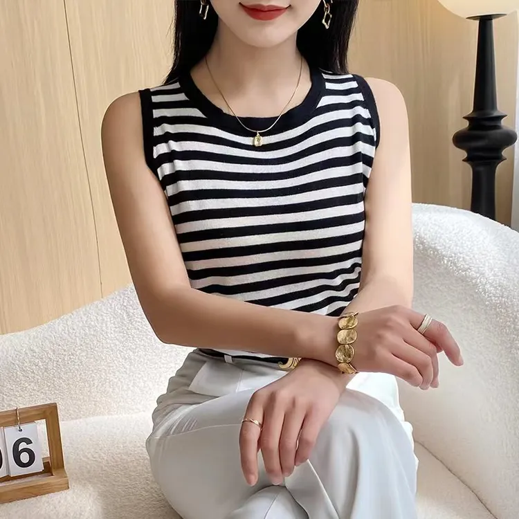女装圆领无袖背心蚕丝羊绒时尚百搭高端优雅护肤显瘦休闲条纹上衣