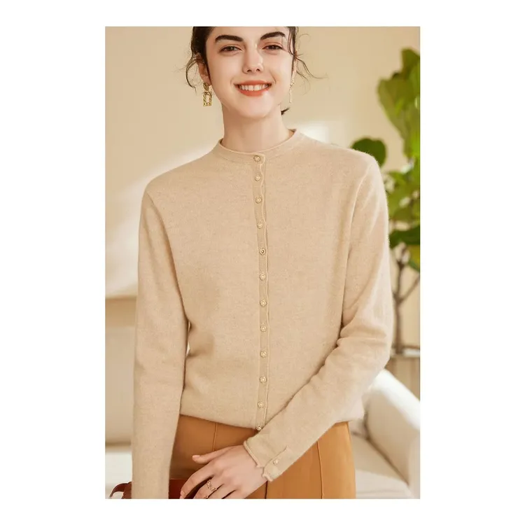 2023春秋冬高端纯山羊绒时尚珍珠扣长袖半高领女开衫高端大气暖糯