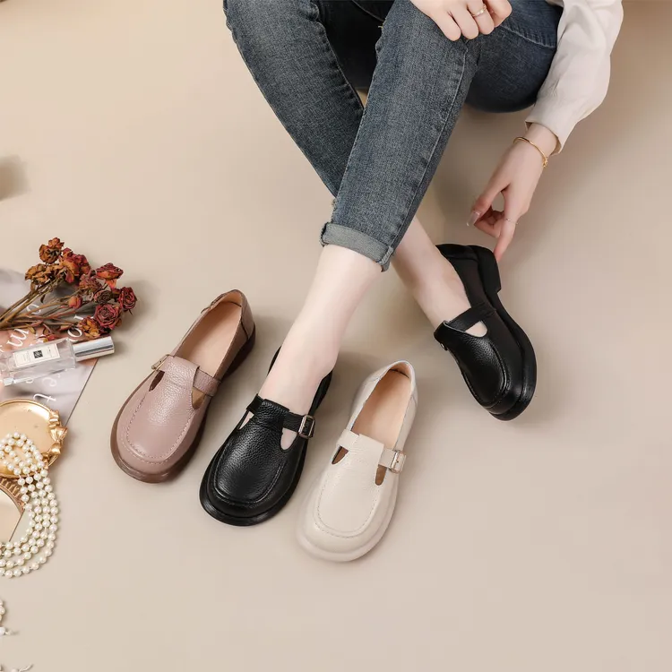 新款乐福鞋头层牛皮英伦风百搭软底平底时尚休闲舒适复古妈妈鞋