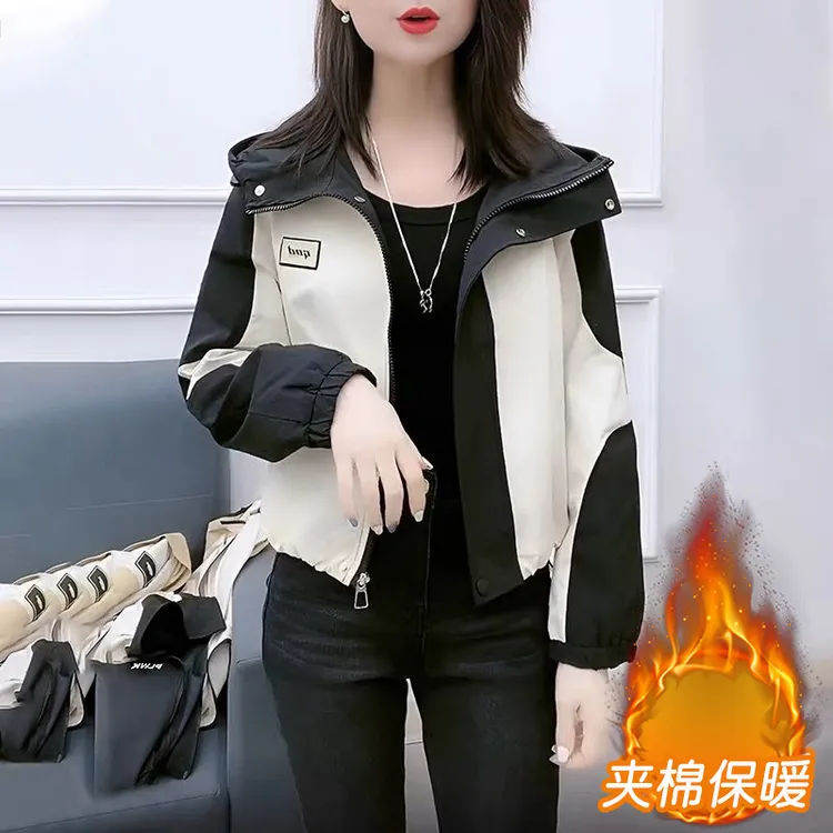 秋冬加厚夹棉小个子拼色短外套女2024新款韩版宽松显瘦减龄上衣潮