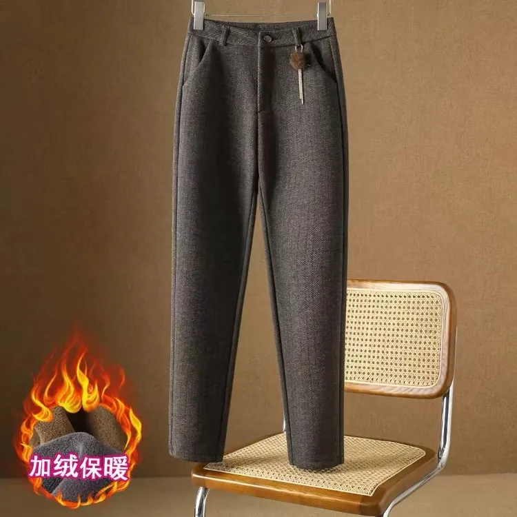 秋冬裤子女冬款加绒加厚人字纹毛呢直筒妈妈休闲裤修身咖色哈伦裤