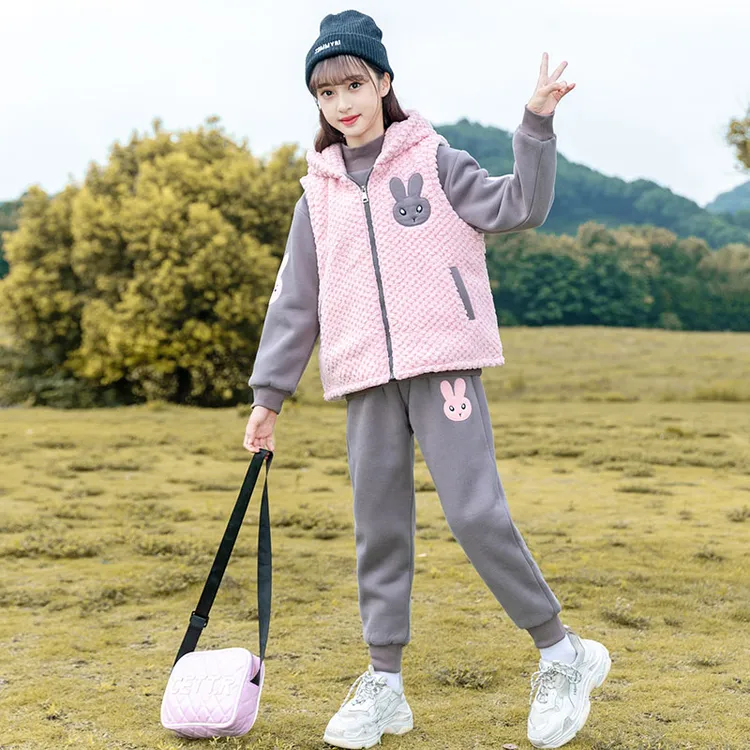 女童冬装套装2024新款中大童6-12岁女孩冬季加绒加厚卫衣三件套潮