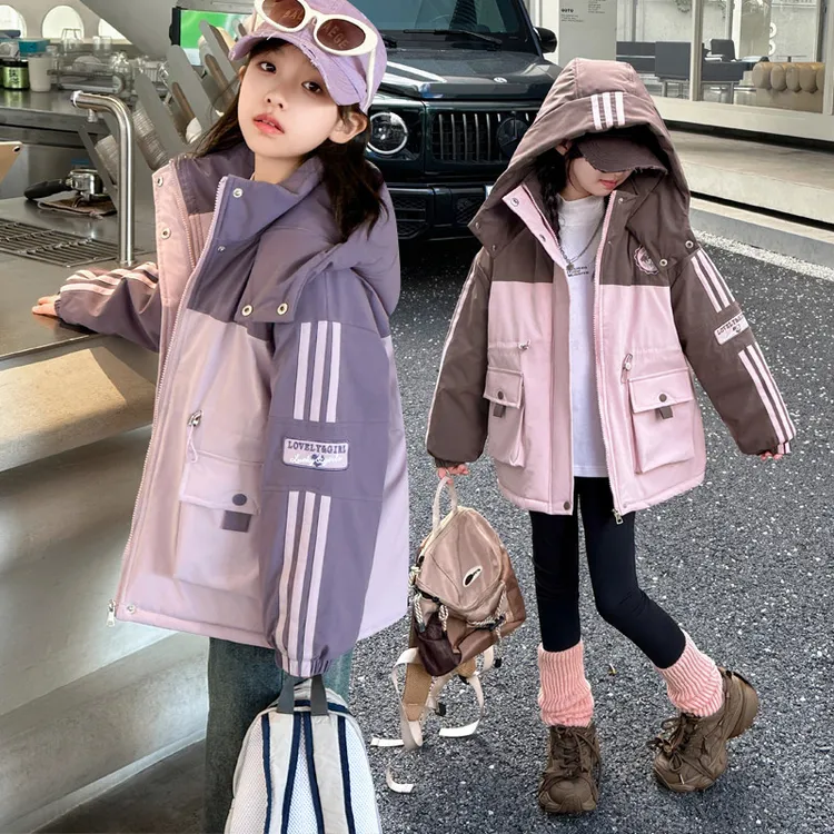 女童秋冬外套2024新款洋气夹棉加绒加厚派克服冬季女孩中长款棉衣