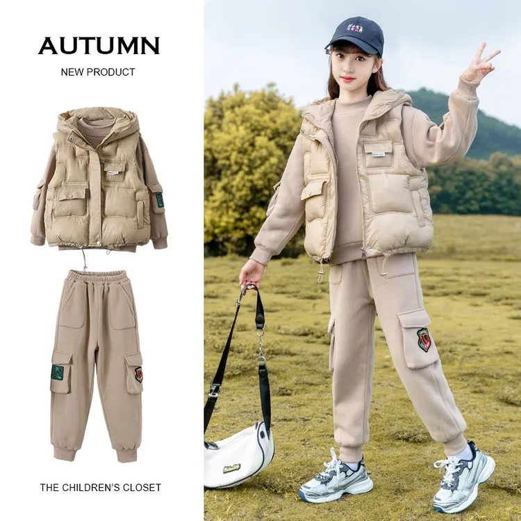 女童秋冬套装2024新款洋气中大童女孩冬季加厚马甲卫衣加绒三件套