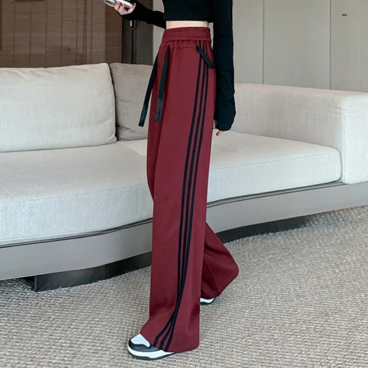 美式酒红色阔腿裤女春夏季新款宽松显瘦垂感直筒裤休闲运动裤裤子