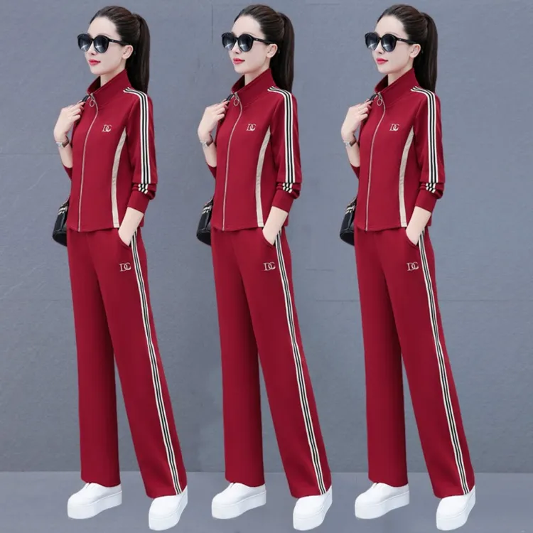 红色休闲运动服外套阔腿裤子女2024春季新款高端开衫显瘦两件套女