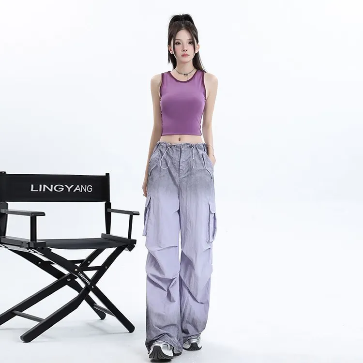 美式辣妹无袖短款外穿T恤白色晕染吊带背心女夏季休闲百搭显瘦