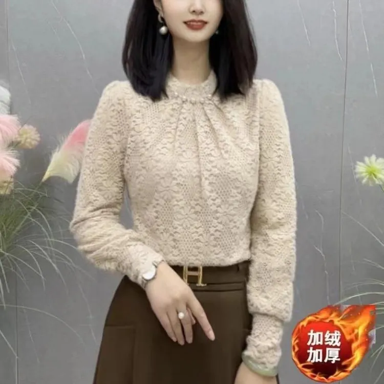 秋冬新款加绒加厚时尚珍珠领长袖气质百搭蕾丝上衣女士打底衫