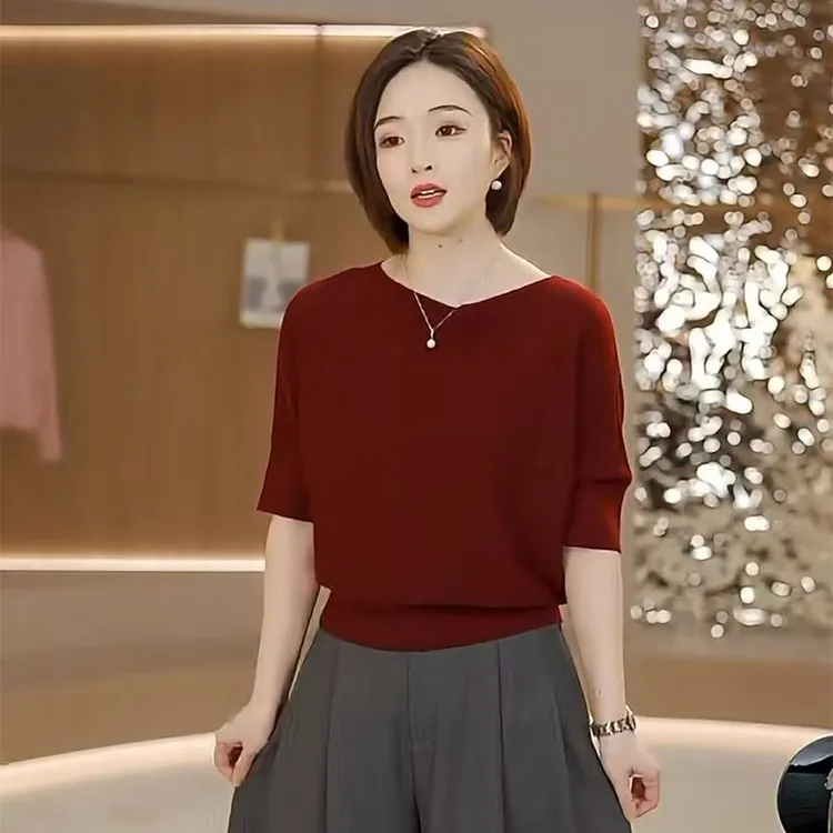 【现货】时尚轻奢针织衫女秋冬休闲一字肩百搭显瘦百搭中袖宽松上衣