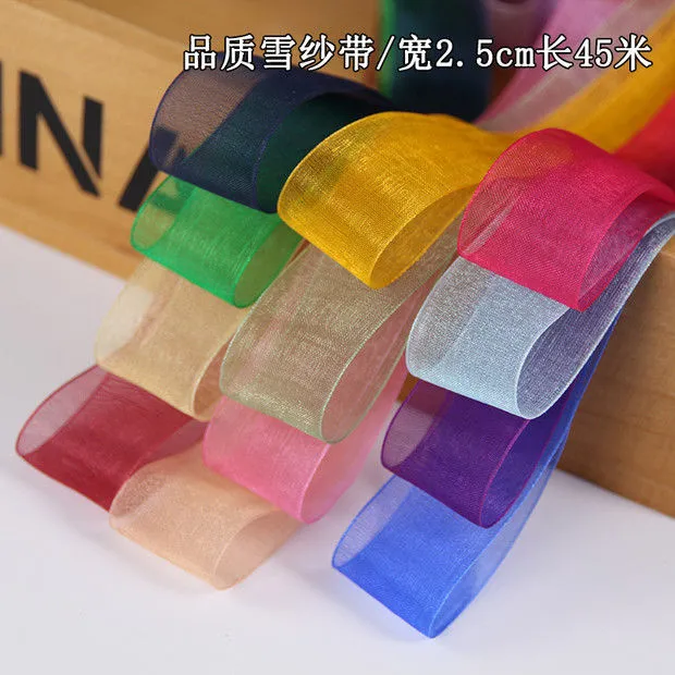 2.5cm宽透明装饰雪纱带缎带礼品糖盒包装发饰飘带彩带帽丝带45米