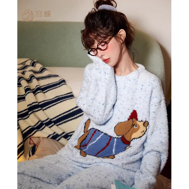 宫蝶【蓄热型】腊肠狗睡衣女秋冬半边绒防静电冬季家居服