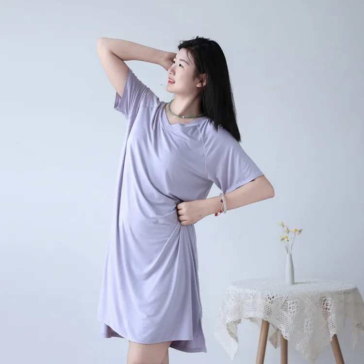 山东睡衣工厂直销新款夏季宽松休闲前短后长侧开叉V领裙