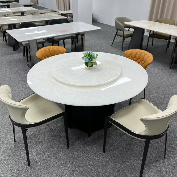 大冰玉纯天然奢石餐桌家用餐厅旋转圆形大理石客厅简约饭桌轻奢桌