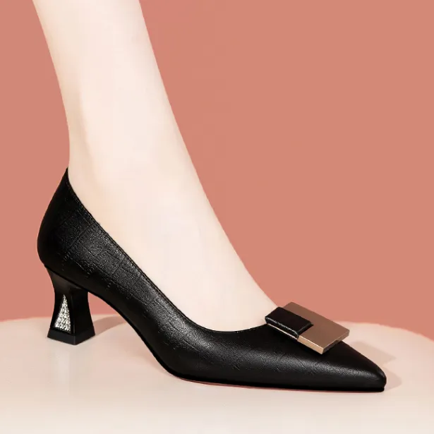 牛皮浅口中跟单鞋女透气软底尖头皮鞋2025春秋时尚真皮高跟女瓢鞋