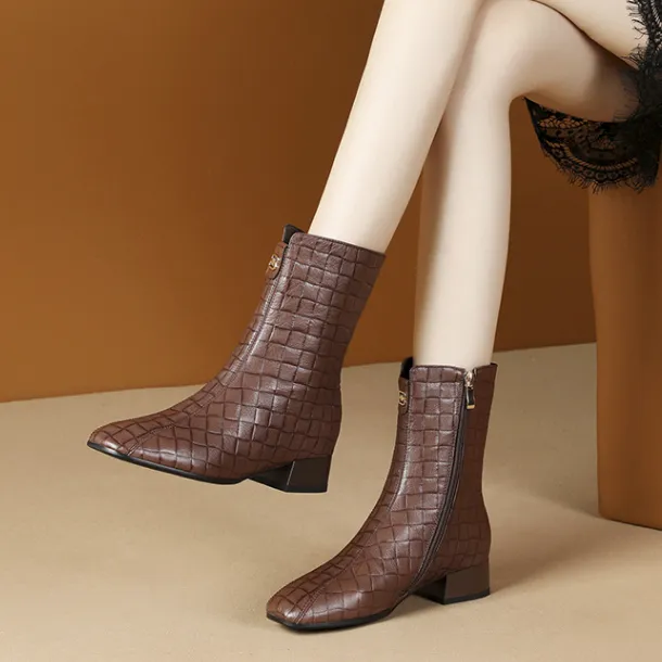 2025年新款中筒靴子女靴真皮鞋子百搭冬靴中跟短筒靴羊皮大码加绒