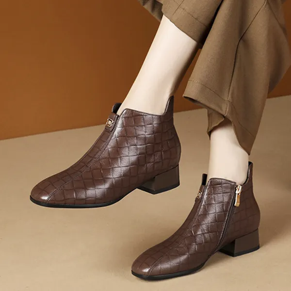 英伦方头短靴子女2025年新款女靴单靴大码方跟女鞋真皮及踝靴加绒