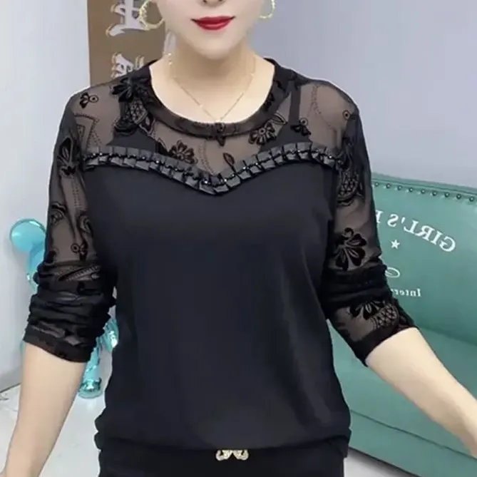 秋冬新款时尚气质圆领印花长袖打底衫大码遮肚子修身显瘦减龄上衣