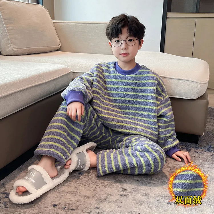 男童珊瑚绒睡衣秋冬款儿童家居服10至15岁男孩冬季加厚法兰绒套装