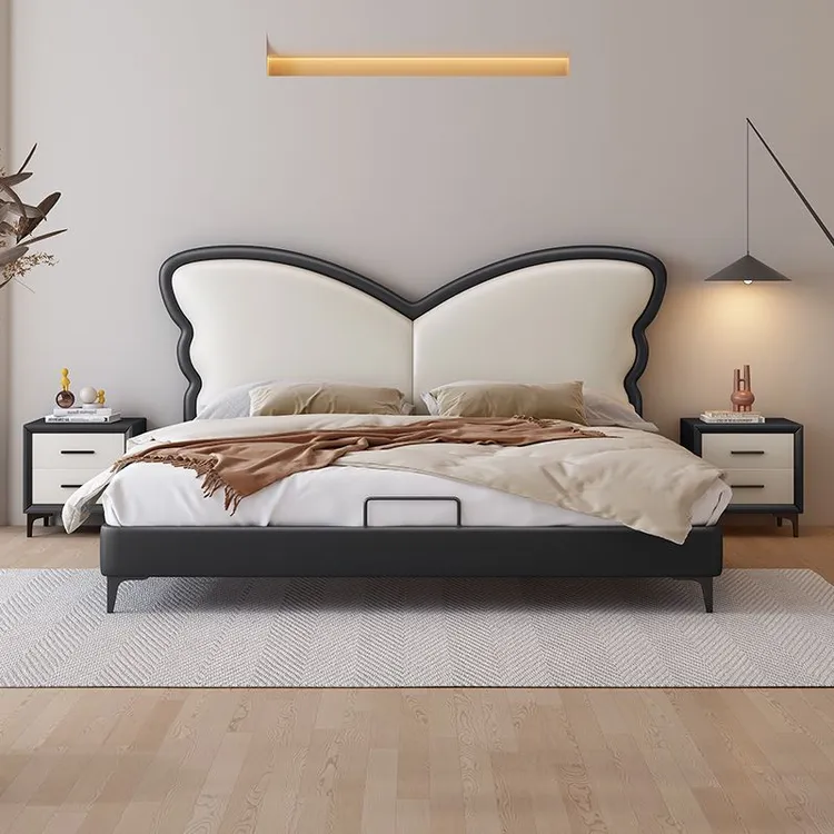 S930# 轻奢皮艺床主卧1.8米双人床现代简约实木科技布床1.5米家用