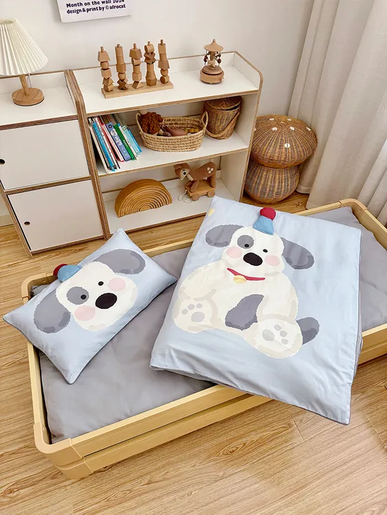 纯棉磨毛幼儿园被子三件套蓝色全棉儿童入园午睡被褥六件套托班