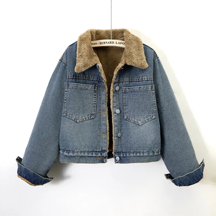2024秋冬季新款加绒大口袋复古牛仔外套女宽松保暖棉服夹克上衣潮