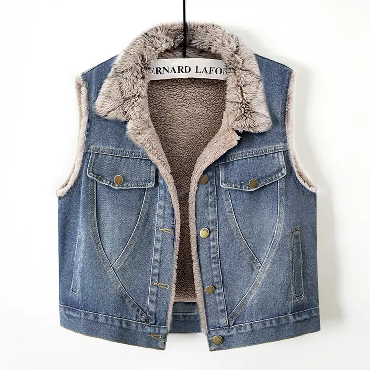加绒加厚牛仔棉衣马甲女短款2024年秋冬新款百搭无袖保暖背心坎肩