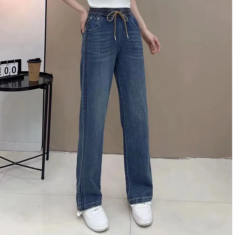 2024年爆款松紧阔腿时尚百搭牛仔裤直筒九分裤夏季宽松显瘦休闲