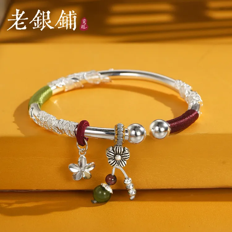 吴越老银铺 足银手镯 足银999风蝶令繁花手镯花丝国风镯子33.8g