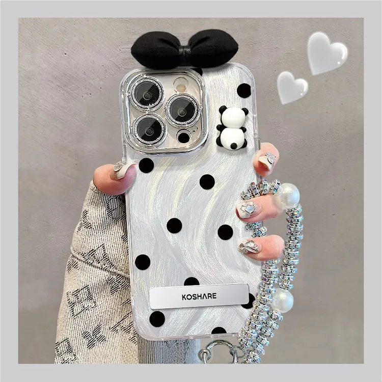 适用苹果vivo华为oppo小米iPhone黑波点蝴蝶结精孔羽纱支架手机壳