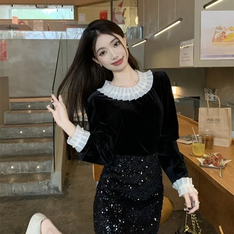 秋季新款黑色金丝绒洋气上衣今年流行爆款衬衫时尚高级法式套装女