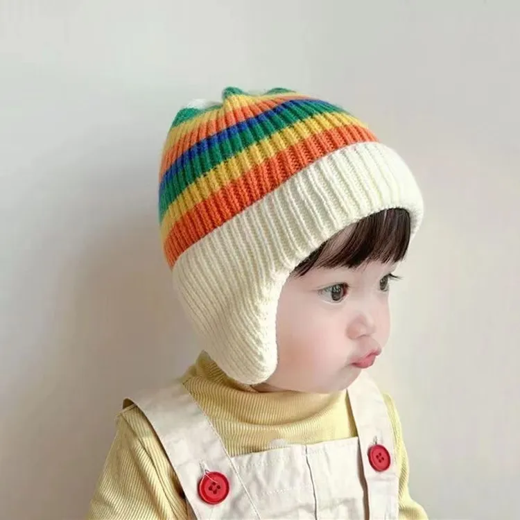 冬季婴儿帽彩虹毛线帽户外帅气宝宝护耳帽加厚保暖儿童帽子针织帽
