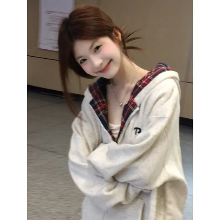 jtrt潮牌创意字母印花复古格子开衫连帽卫衣男女秋冬拉链加绒外套