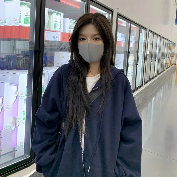 jtrt连帽外套男女秋冬季藏青色百搭拉链开衫卫衣纯色宽松情侣上衣