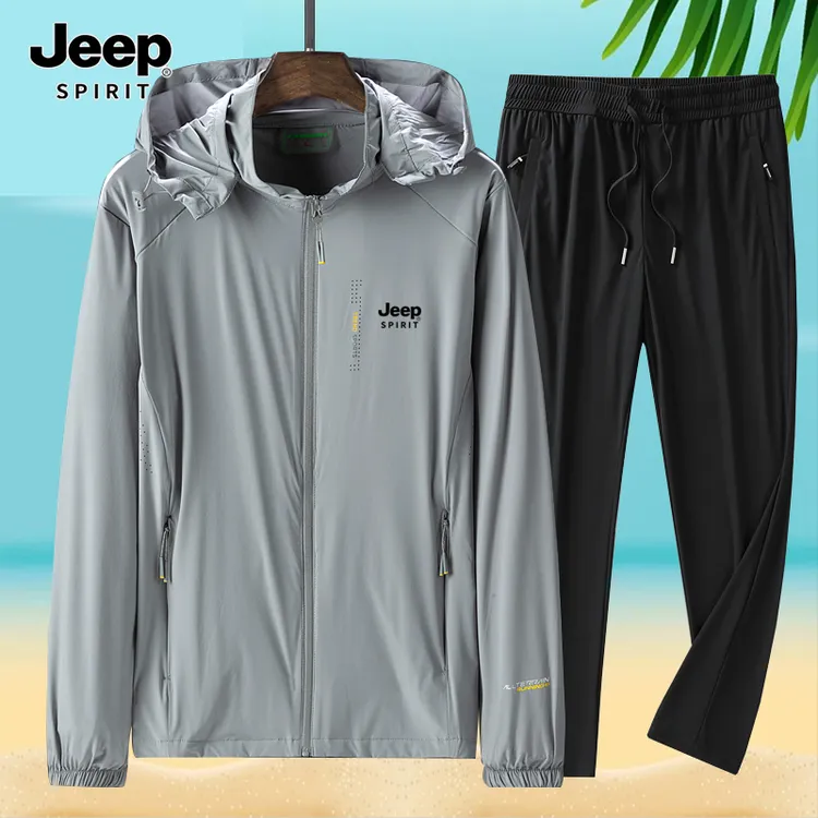JEEP吉普防晒衣套装男夏新款超薄透气防晒冰丝薄款大码两件套速干