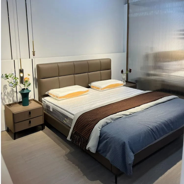 【巧克力】齐头齐边头层落地真皮家用小户型成套高箱意式牛皮床简约