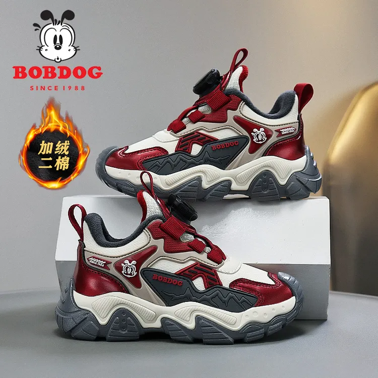 巴布豆男女童鞋2025秋冬新款皮面二棉加绒防水软底保暖儿童运动鞋