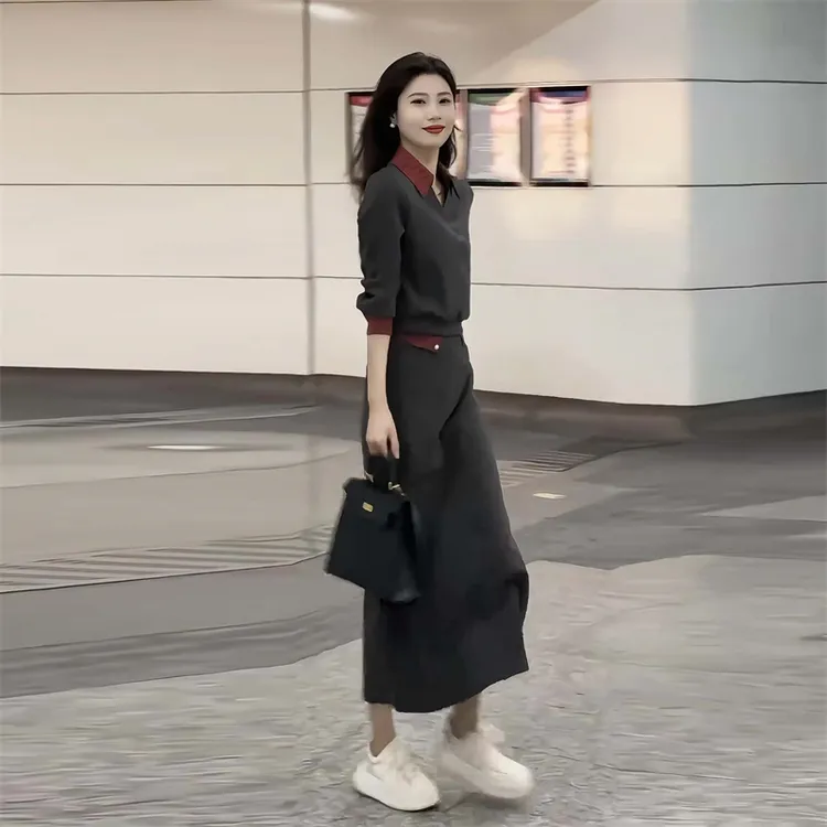 文艺减龄撞色假两件卫衣半身裙套装女2025春季新款显瘦百搭两件套