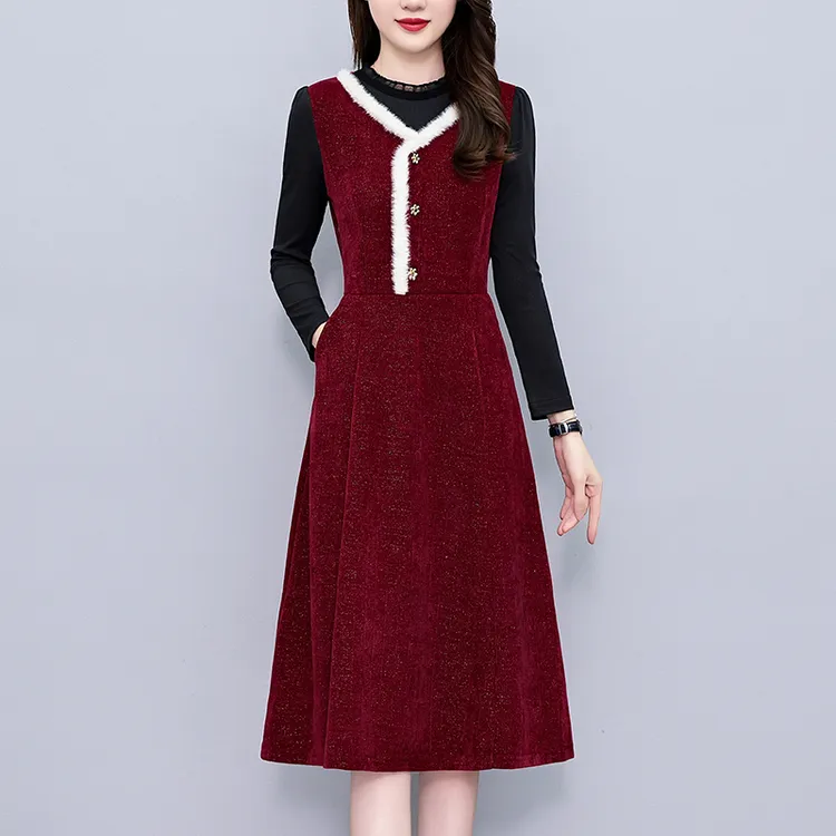 亮晶晶灯芯绒假两件套大码女装胖mm时尚洋气修身长袖连衣裙秋冬季