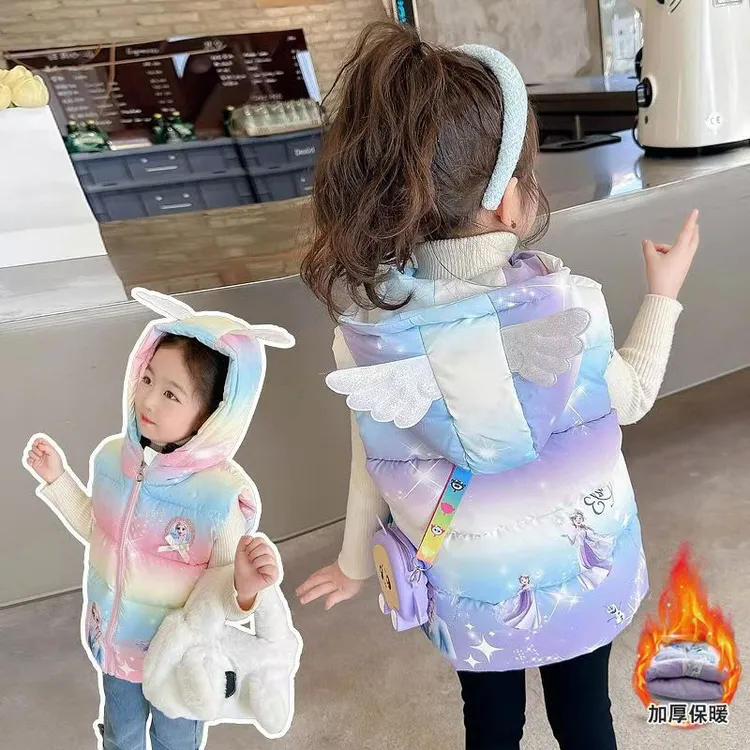 女童加厚马甲2025新款秋冬季女宝宝背心洋气炫彩保暖艾莎坎肩外穿