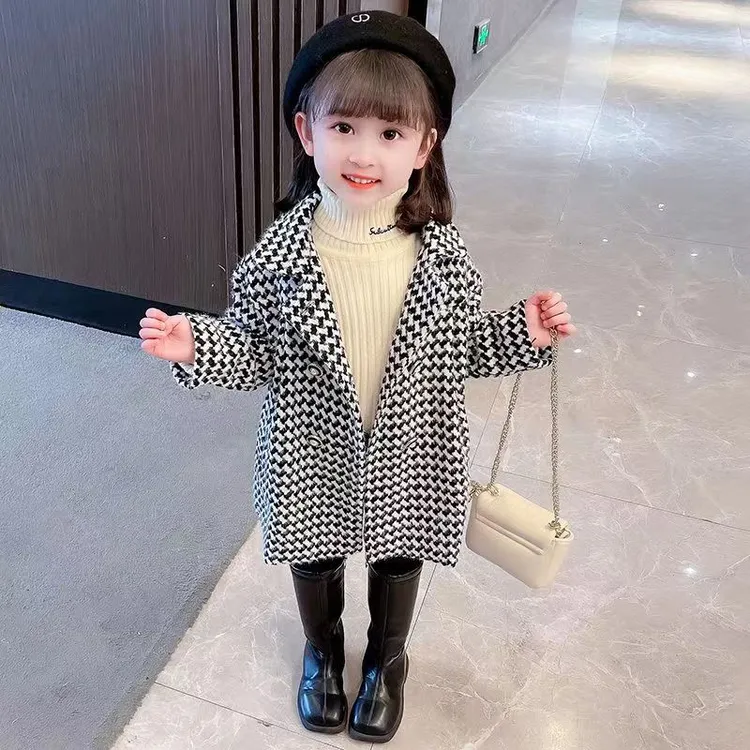 女童春秋小香风呢大衣2024新款千鸟格韩版炸街半开领外套省钱风