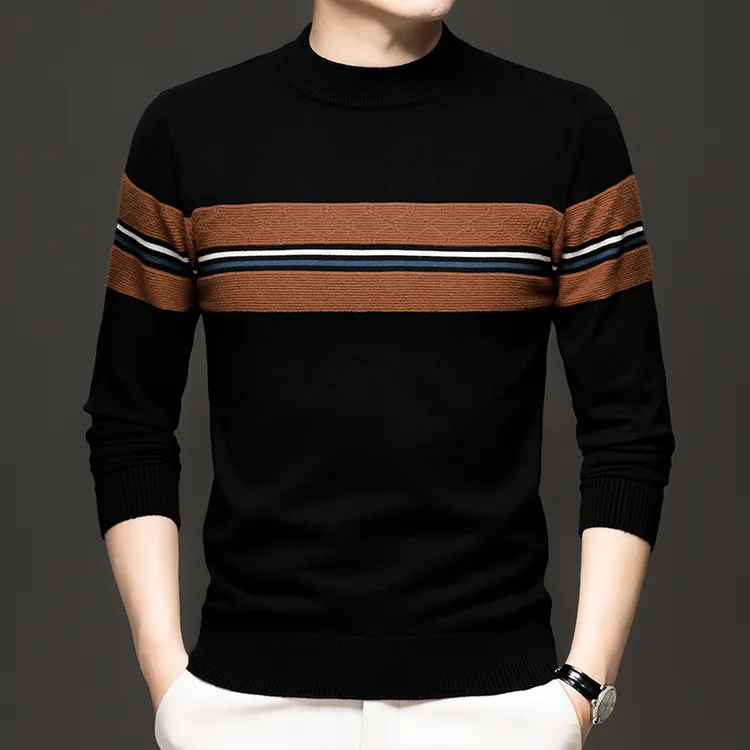 【2024】男士针织秋冬季新品间色提花时尚休闲长袖圆领套头打底衫