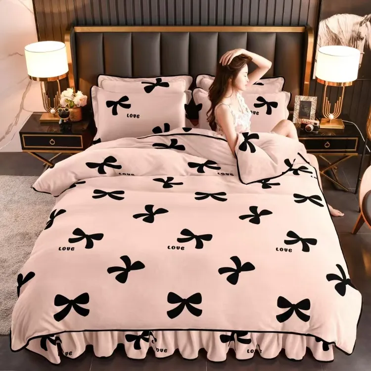 2024秋冬新款8-9斤床裙款牛奶绒四件套单双人加绒加厚双面绒床品