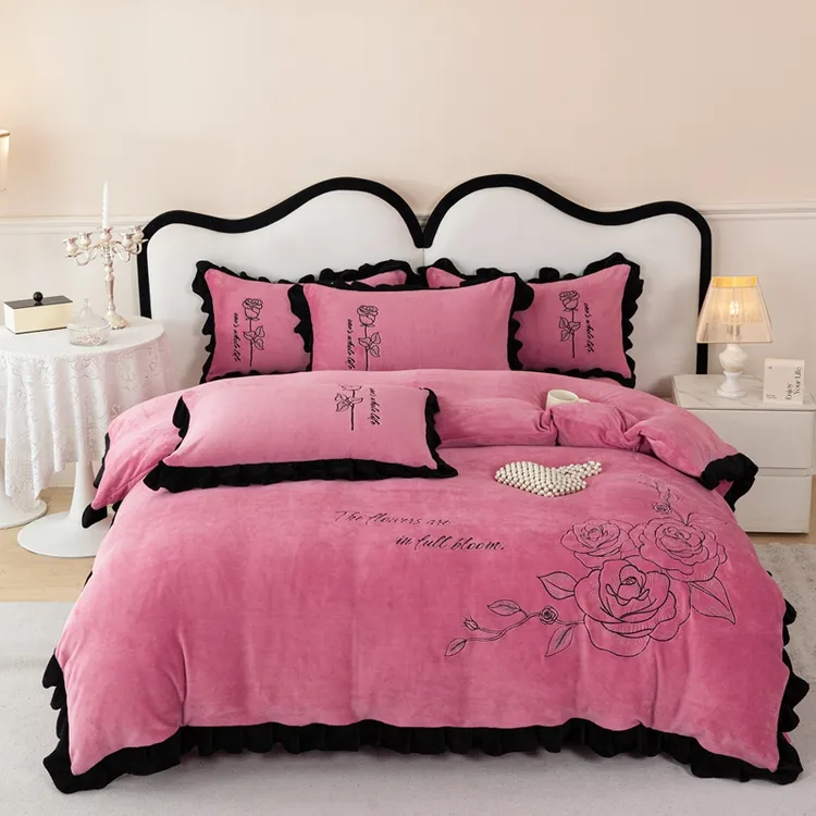 冬季加绒加厚双面绒被套牛奶绒纯色法式公主风刺绣花边款四件套