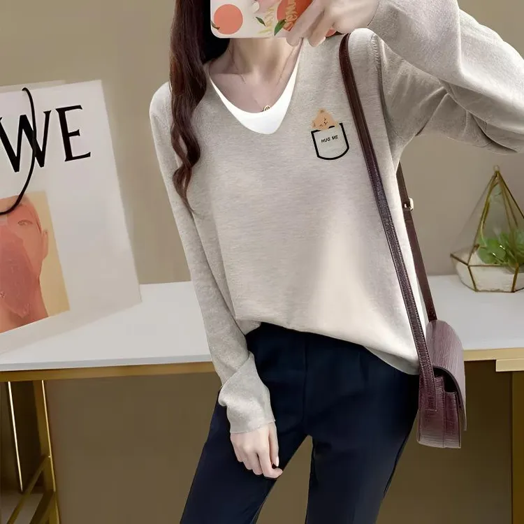 假两件米白灰打底衫MM复古内搭撞色长袖t恤女春秋大码宽松上衣