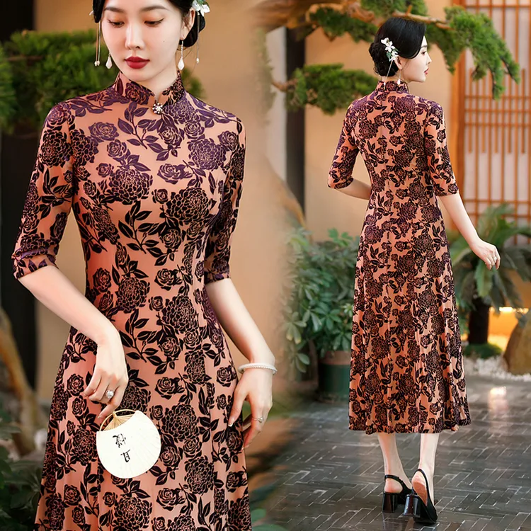 气质中国风旗袍裙印花复古礼服裙中式民族风优雅改良旗袍连衣裙