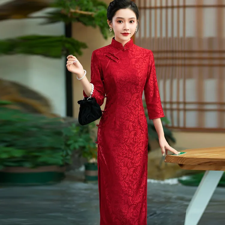 秋季红色旗袍中国风喜婆婆喜妈妈婚宴装高端日常长款婚宴礼服春装