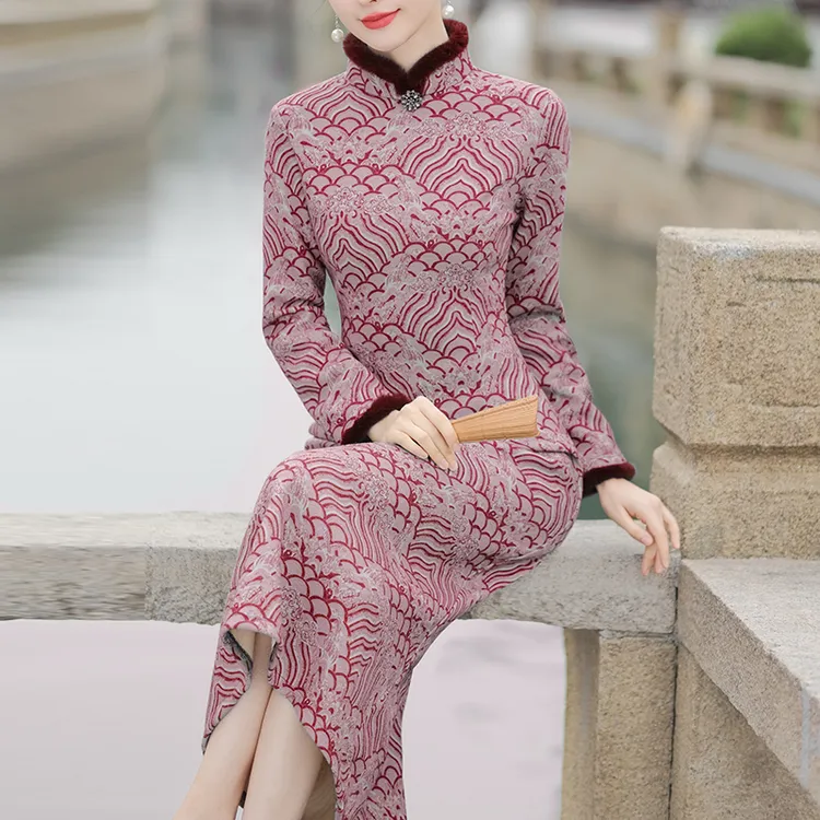 秋冬改良旗袍2024新款高端修身气质长袖复古中国风加厚老上海旗袍