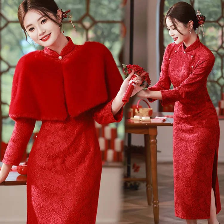 红色新娘中国风旗袍裙加绒加厚显瘦喜婆婆冬季婚宴装礼服连衣裙