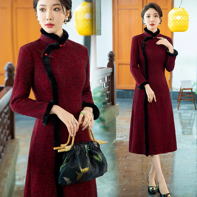 喜婆婆婚姻装中国风旗袍加绒加厚显瘦红色礼服敬酒服老结婚礼服